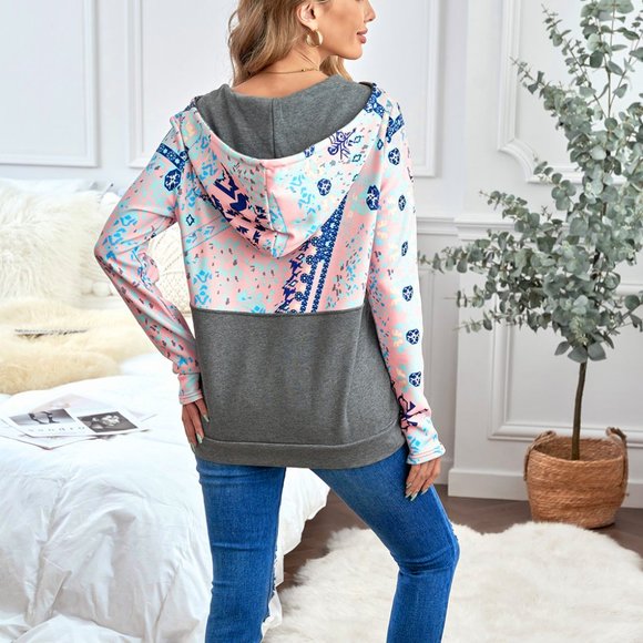 Gray Boho Print Color Block Patchwork Zip Collar Sweatshirt - Picture 10 of 12